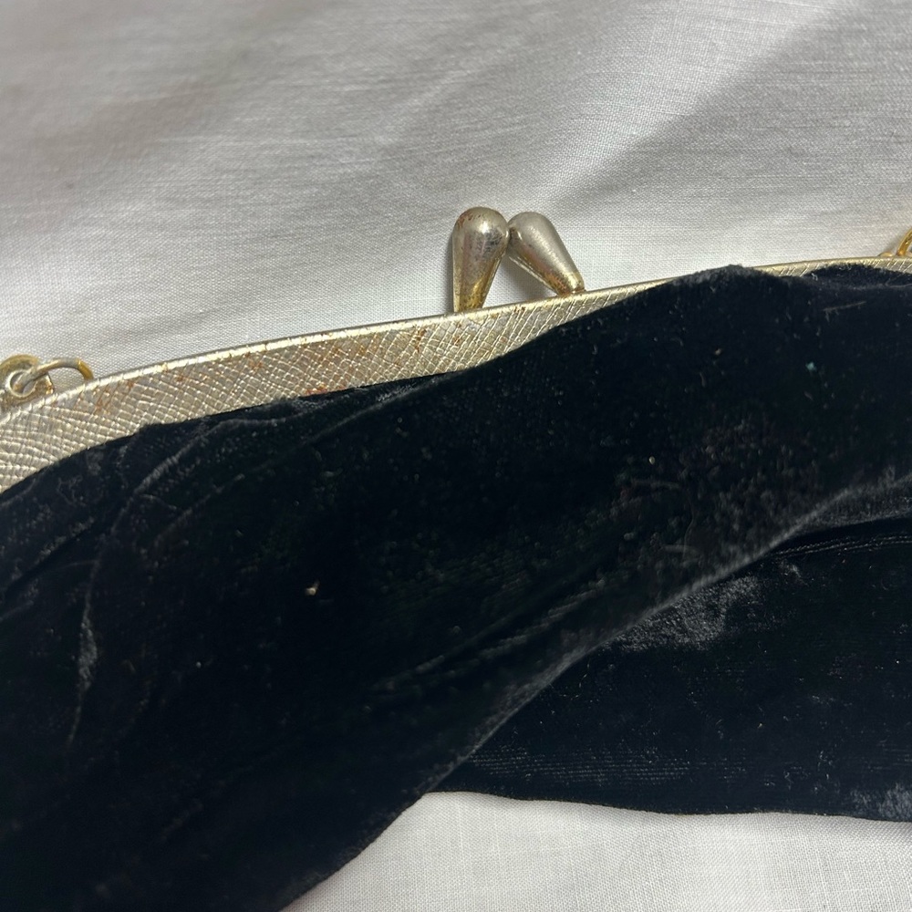 Vintage Black Velvet Purse Gold Color Strap 1960s Evening Bag - Picture 3 of 10